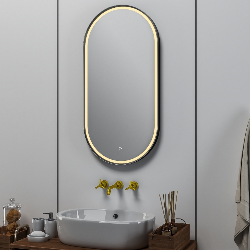 Close up product lifestyle image of the Frayme Oval Colour Changing LED Mirror